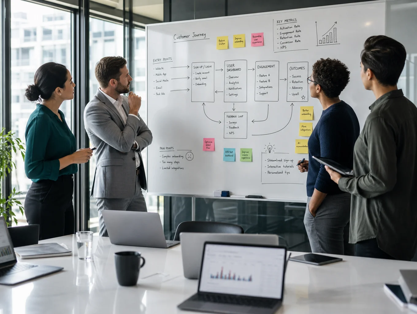 Gemeinsame Workshop-Arbeit an einem Besprechungstisch mit Flipchart
